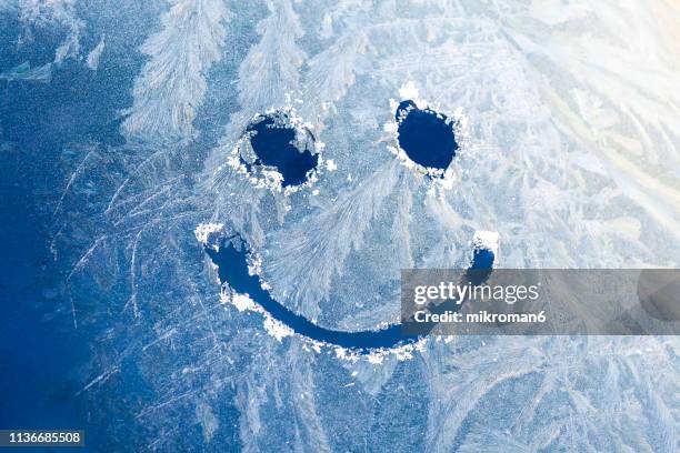 close-up of frost pattern on car - winter car window stock-fotos und bilder