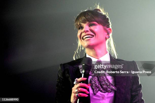 Italian pop singer Alessandra Amoroso performs on stage at Unipol Arena on March 15, 2019 in Bologna, Italy.