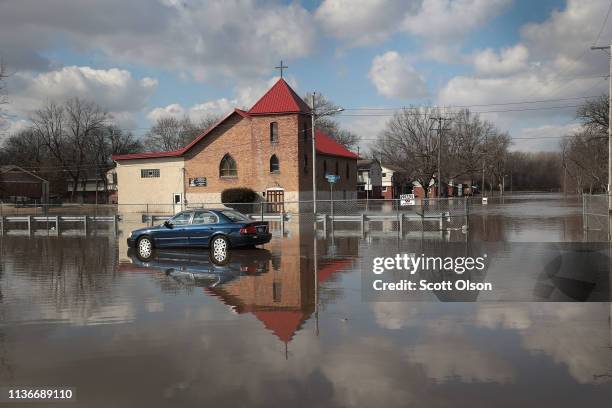 Church is surrounded by floodwater from the Pecatonica River on March 18, 2019 in Freeport, Illinois. Several Midwest states are battling some of the...