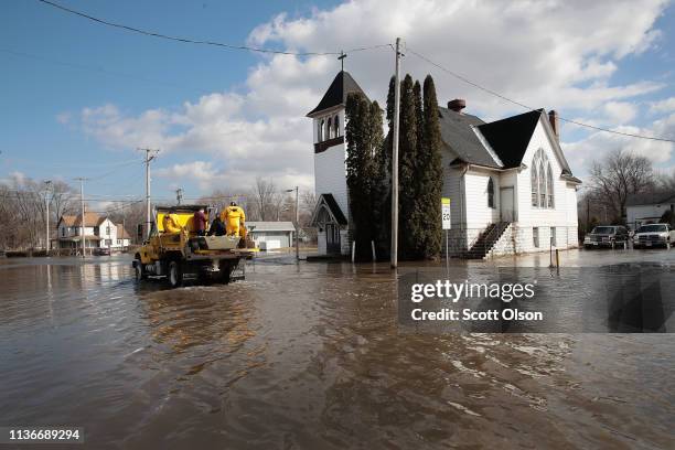 Church is surrounded by floodwater from the Pecatonica River on March 18, 2019 in Freeport, Illinois. Several Midwest states are battling some of the...