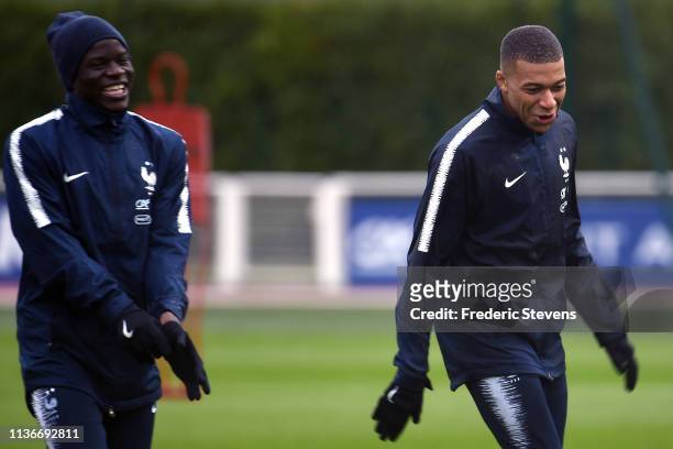 France's forward Kylian Mbappe during a training session at the French National Football Team Center in Clairefontaine on March 18, 2019 in...