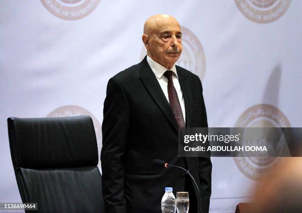 Aguila Saleh Issa, speaker of Libya's fomerly-Tobruk-based House of Representatives which was elected in 2014, chairs the first session for the...