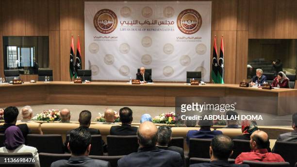 Aguila Saleh Issa , speaker of Libya's fomerly-Tobruk-based House of Representatives which was elected in 2014, chairs the first session for the...