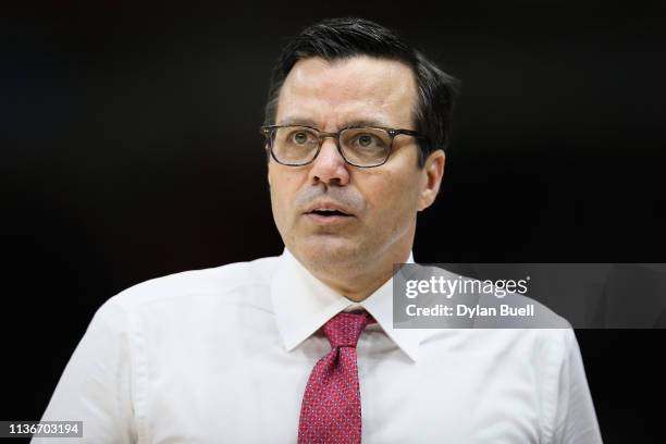 Head coach Tim Miles of the Nebraska Cornhuskers looks on in the first half against the Wisconsin Badgers during the quarterfinals of the Big Ten...