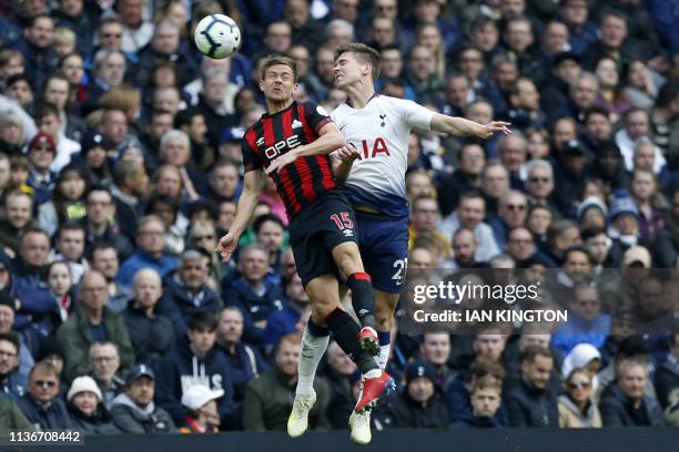 Huddersfield Town's German defender Chris Lowe vies with Tottenham Hotspur's Argentinian defender Juan Foyth during the English Premier League...