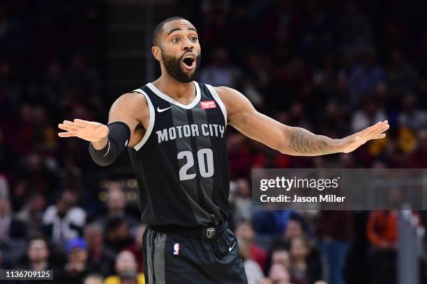 Wayne Ellington of the Detroit Pistons reacts during the first half against the Cleveland Cavaliers at Quicken Loans Arena on March 18, 2019 in...