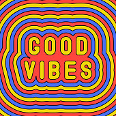 “Good vibes” slogan poster. Groovy, retro style design template of the 60s-70s. Vector illustration.