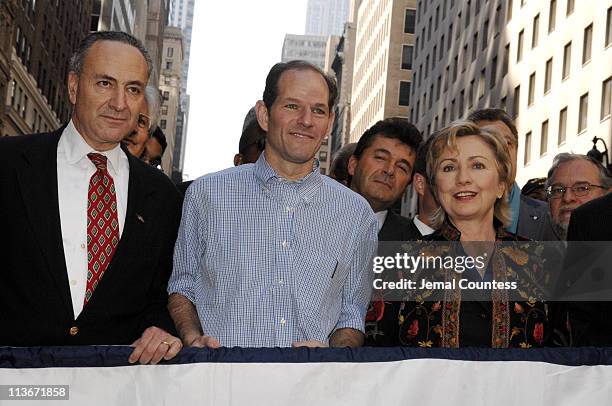 Charles Schumer, Eliot Spitzer and Hillary Clinton at the 2006 New York City Columbus Day Parade on October 9, 2006