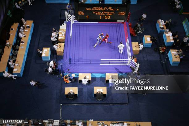 Boxers compete during the Athens International Boxing Tournament in Peristeri Olympic Boxing Hall in Athens City 26 May 2004. The competition is a...