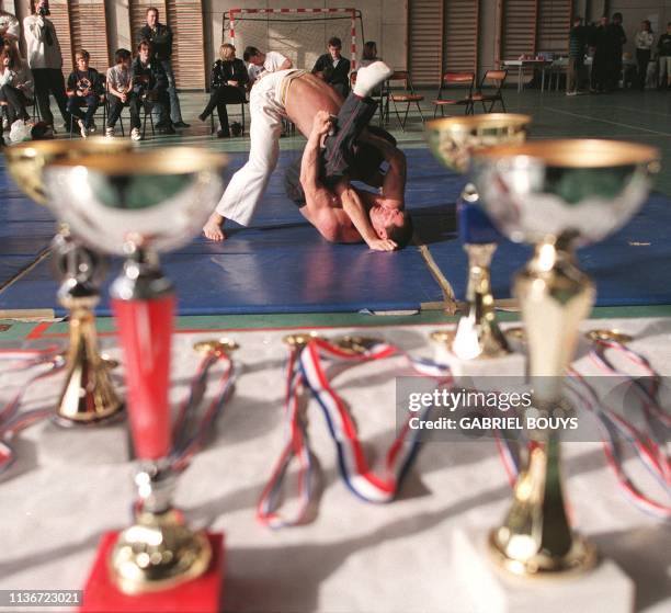 Photo prise le 28 mars à l'Hay-les-Roses, d'un "combat extrême" opposant deux adversaires issus de toutes les disciplines de combat, avec pour seules...