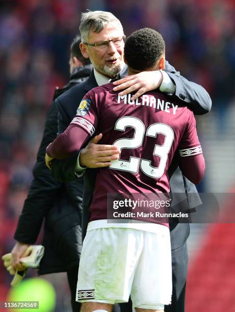 Craig Levein, Manager of Hearts congratulates Jake Mulraney of Hearts at the final whistle as hearts beat Inverness 3-0 during the Scottish Cup Semi...