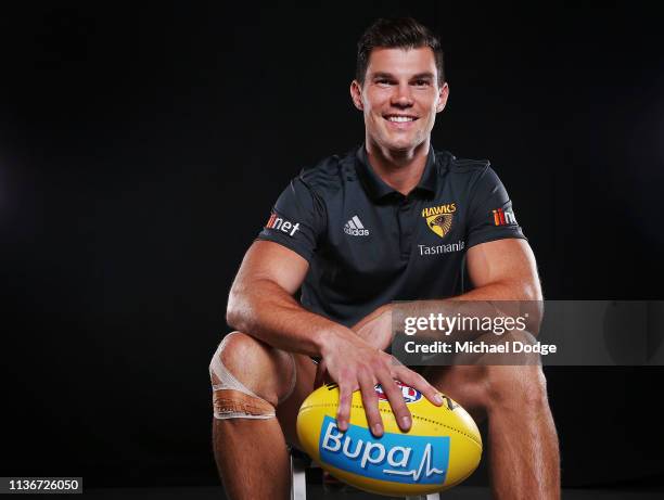 Hawthorn Hawks AFL midfielder Jaeger O'Meara poses during a media opportunity at Waverly Park on March 19, 2019 in Melbourne, Australia.