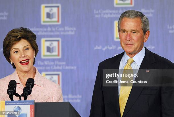 First Lady Laura Bush and President George W. Bush speak at the White House Literacy Conference at the New York Public Library in New York, NY on...