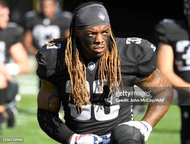 Trent Richardson of the Birmingham Iron stretches before playing the of the San Diego Fleet in an Alliance of American Football Game at SDCCU Stadium...