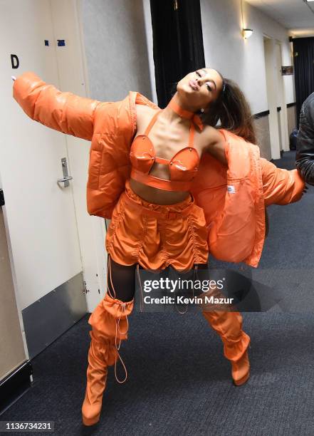 Ariana Grande poses backstage during the Sweetener World Tour - Opening Night at Times Union Center on March 18, 2019 in Albany, New York.