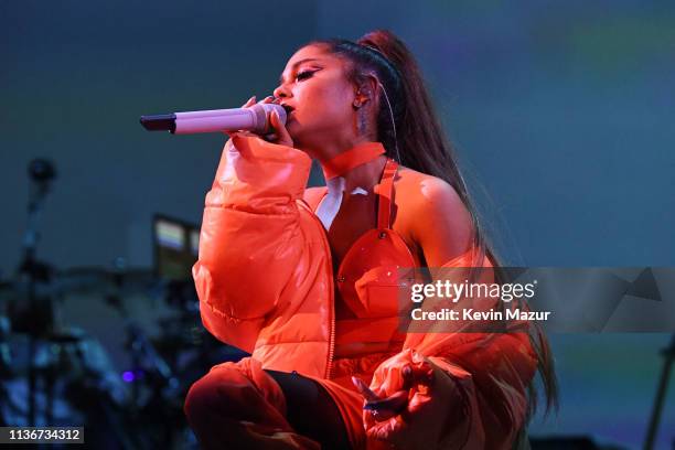 Ariana Grande performs onstage during the Sweetener World Tour - Opening Night at Times Union Center on March 18, 2019 in Albany, New York.