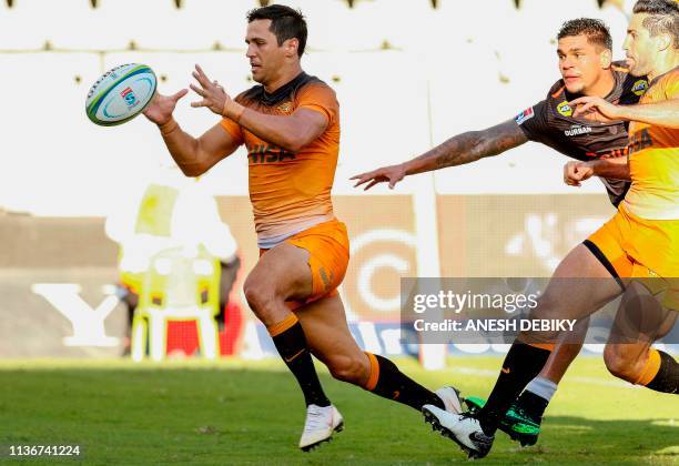 Argentina's Jaguares wing Matias Moroni catches the ball during the Super Rugby match between Sharks and Jaguares at The Kings Park Rugby Stadium in...