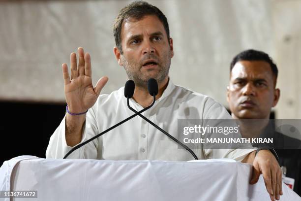 President of Indian National Congress Rahul Gandhi speaks during an election campaign rally at Krishnaraja Nagar, some about 200 Kms South West of...