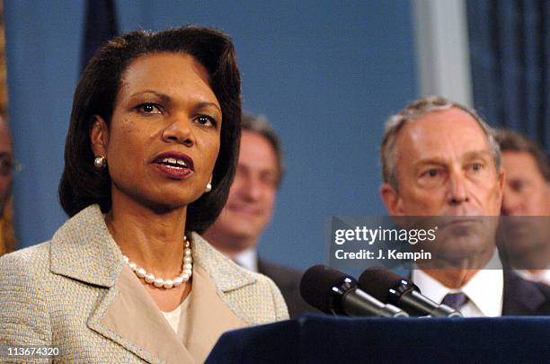 Condoleezza Rice and Michael Bloomberg during U.S. Secretary of State Condoleezza Rice Joins NYC Mayor Bloomberg at Send-Off Rally for New York...