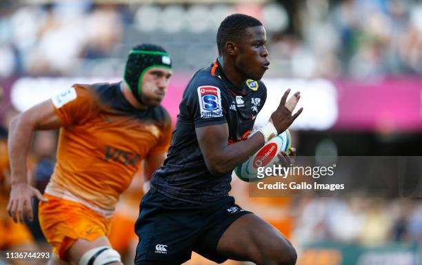 Aphelele Fassi of the Cell C Sharks during the Super Rugby match between Cell C Sharks and Jaguares at Jonsson Kings Park on April 13, 2019 in...