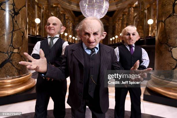 Goblins in the original Gringotts Wizarding Bank set at Warner Bros. Studio Tour London on March 19, 2019 in Watford, England. Warner Bros. Studio...