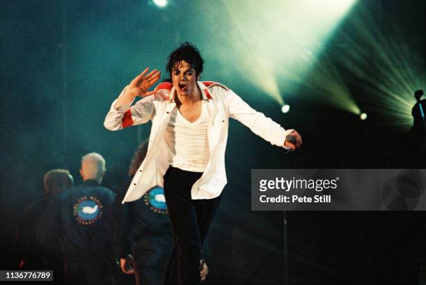 Michael Jackson performs on stage at Wembley Stadium, London on his Dangerous world tour, 20th August 1992.