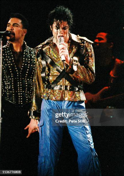 Michael Jackson performs on stage at Wembley Stadium, London on his Dangerous world tour, 20th August 1992.