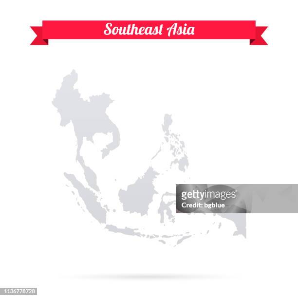 südostasien-karte auf weißem hintergrund mit rotem banner - philippines national flag stock-grafiken, -clipart, -cartoons und -symbole