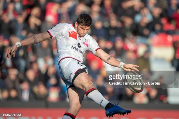 March 17: Xavier Mignot of Lyon kicks down field during the Stade Toulouse V Lyon, Top 14 Rugby, regular season match at the Ernest Wallon Stadium on...
