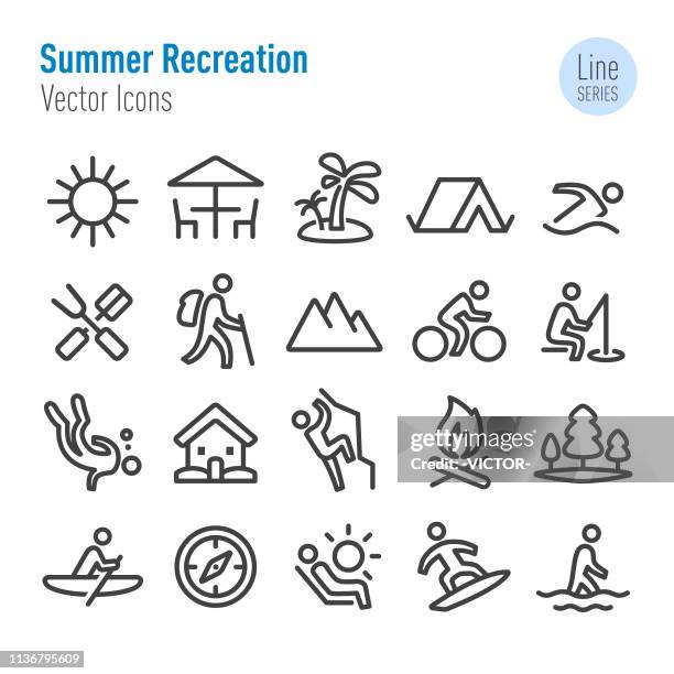stockillustraties, clipart, cartoons en iconen met zomerrecreatie iconen-vector lijn serie - canoeing and kayaking
