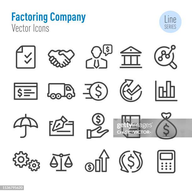 factoring company icons - vector line series - qualification round stock illustrations