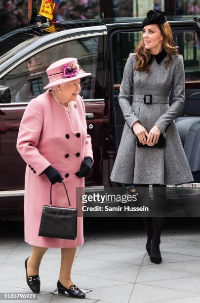 Queen Elizabeth II and Catherine, Duchess of Cambridge visit King's College London on March 19, 2019 in London, England to officially open Bush...