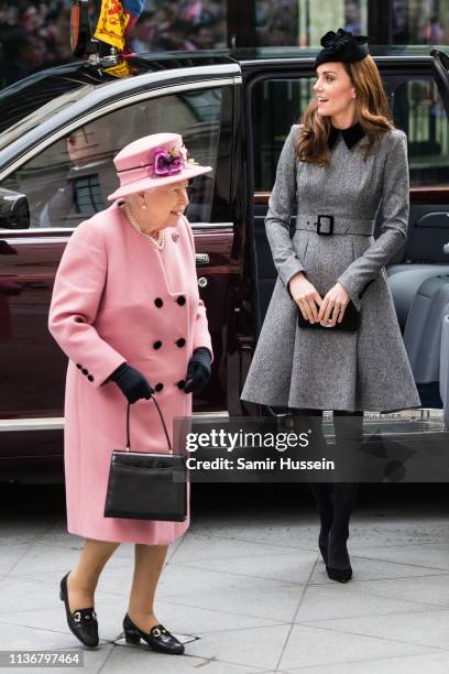 Queen Elizabeth II and Catherine, Duchess of Cambridge visit King's College London on March 19, 2019 in London, England to officially open Bush...