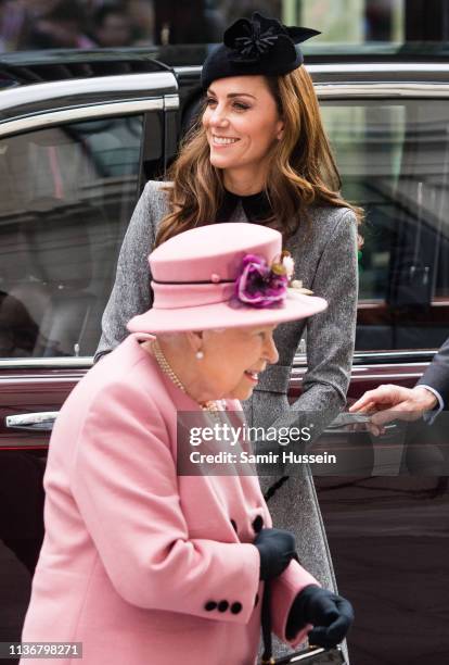 Queen Elizabeth II and Catherine, Duchess of Cambridge visit King's College London on March 19, 2019 in London, England to officially open Bush...