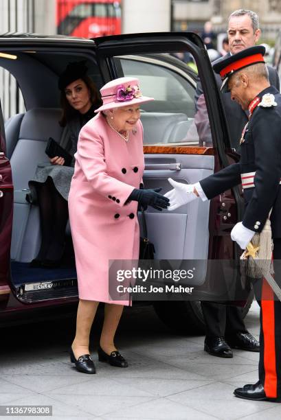 Queen Elizabeth II and Catherine, Duchess of Cambridge visit King's College London on March 19, 2019 in London, England to officially open Bush...