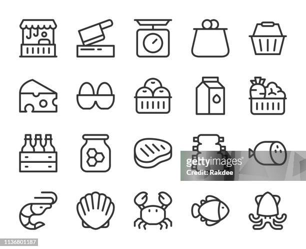 ilustraciones, imágenes clip art, dibujos animados e iconos de stock de nuevos iconos de línea de mercado - huevo comida básica