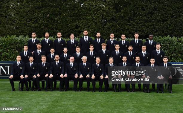 Players of Italy pose during Italy team photo with the new Armani suit at Centro Tecnico Federale di Coverciano on March 19, 2019 in Florence, Italy.