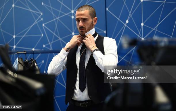 Leonardo Bonucci looks on ahead of the Italy team photo with the new Armani suit at Centro Tecnico Federale di Coverciano on March 19, 2019 in...