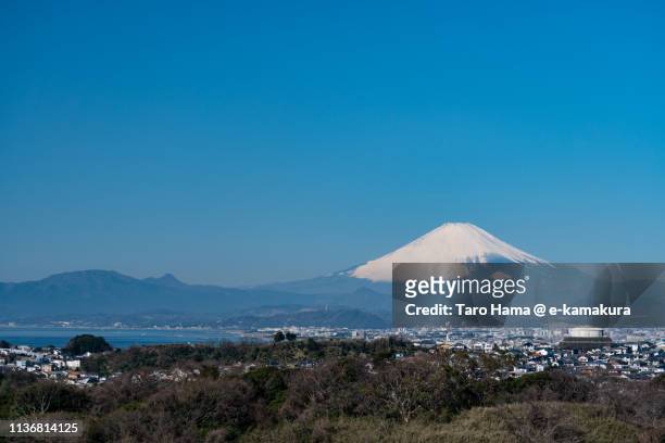 snow-capped mt. fuji and pacific ocean in japan - shizuoka prefecture fotografías e imágenes de stock
