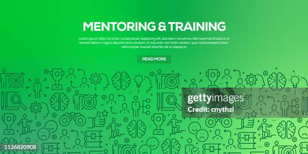 vektorsatz von designvorlagen und elementen für mentoring und training im trendigen linearen stil - nahtlose muster mit linearen icons im zusammenhang mit mentoring und training - vector - mentor stock-grafiken, -clipart, -cartoons und -symbole