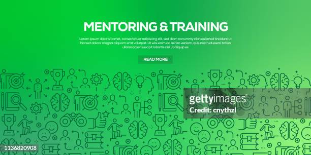 vector set of design templates and elements for mentoring and training in trendy linear style - seamless patterns with linear icons related to mentoring and training - vector - learning objectives icon stock illustrations
