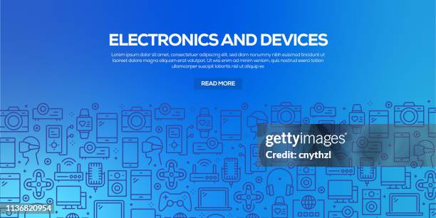 stockillustraties, clipart, cartoons en iconen met vector set van design templates en elementen voor elektronica en apparaten in trendy lineaire stijl-naadloze patronen met lineaire pictogrammen met betrekking tot elektronica en apparaten-vector - electrical engineering wallpaper