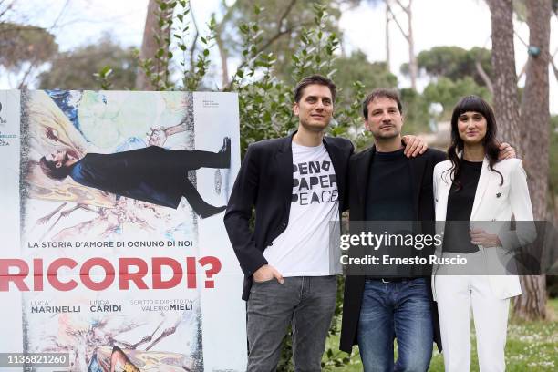 Luca Marinelli, Valerio Mieli and Linda Caridi attend the "Ricordi?" photocall at Casa del Cinema on March 19, 2019 in Rome, Italy.