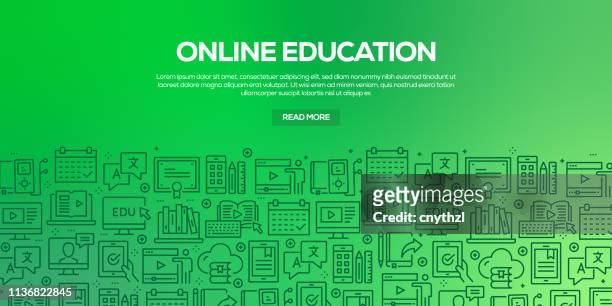 vector set of design templates and elements for online education in trendy linear style - seamless patterns with linear icons related to online education - vector - e learning background stock illustrations