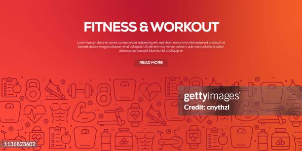vector set of design templates and elements for fitness in trendy linear style - seamless patterns with linear icons related to fitness - vector - gym stock illustrations