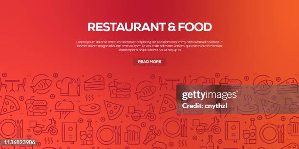 vector set of design templates and elements for restaurant and food in trendy linear style - seamless patterns with linear icons related to restaurant and food - vector - dining restaurant stock illustrations