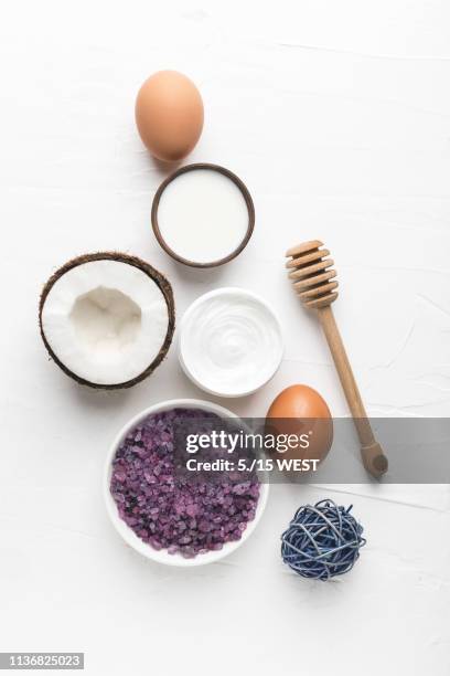 nature beauty product with sea salt, coconut. - natural ingredients stock pictures, royalty-free photos & images