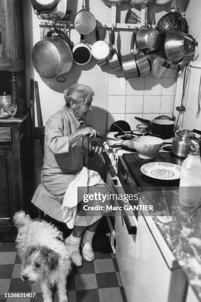 Femme âgée préparant à manger dans sa cuisine, France.