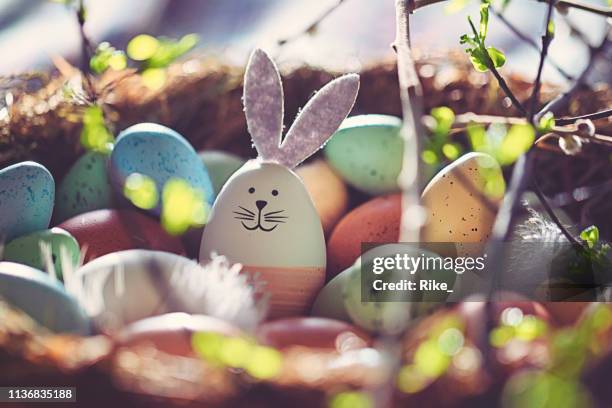decoración de pascua con conejo de pascua artesanal en el nido soleado - pascua fotografías e imágenes de stock