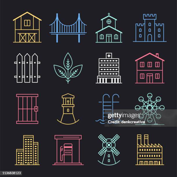 urbanization & sustainable development neon style vector icon set - crowded street usa stock illustrations